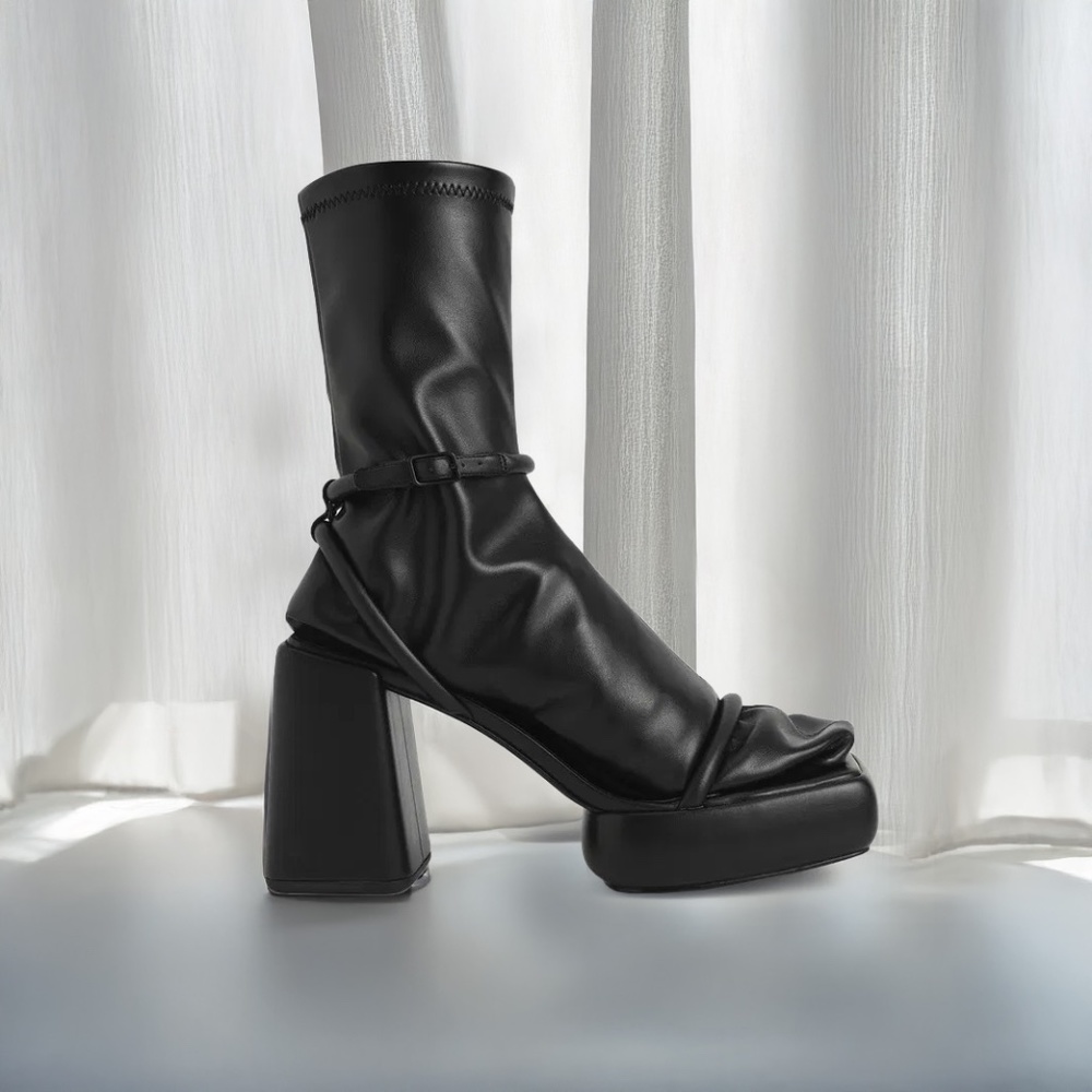 CHARLES & KEITH Black Vegan Leather Lucile Platform Calf Boots in Size 10